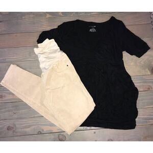 OLD NAVY maternity beige corduroy skinny pants size 2 Liz Lange pocket top XS